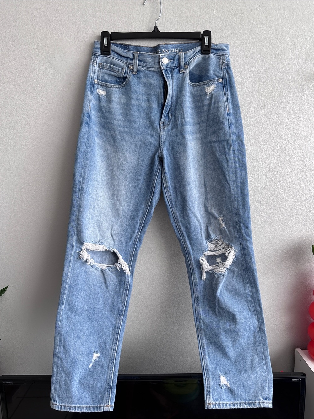American Eagle Outfitters Light Blue Denim Jeans with Brown Leather Patch